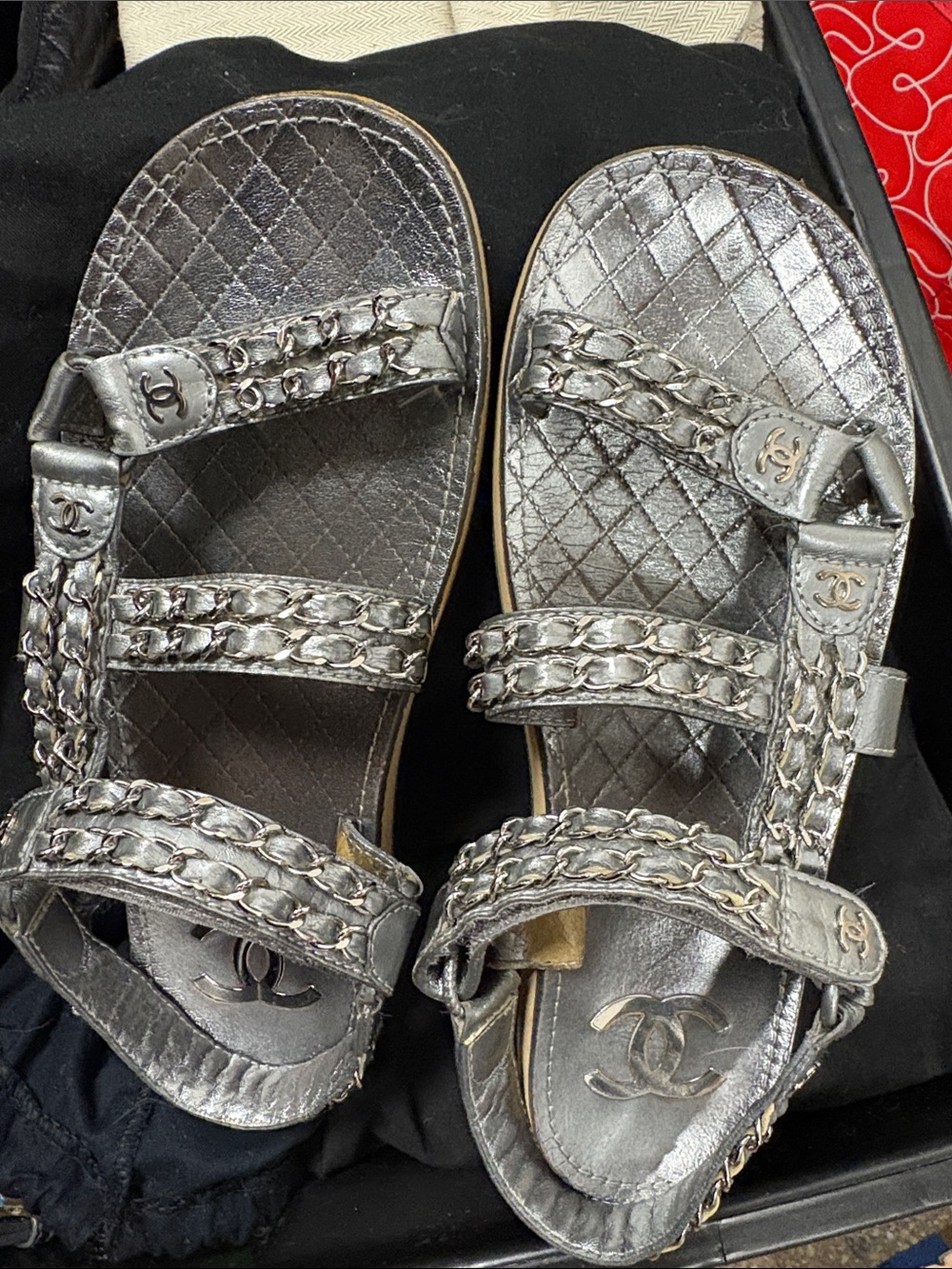 CHANEL Metallic Silver Quilted Chain-Strap Sandals